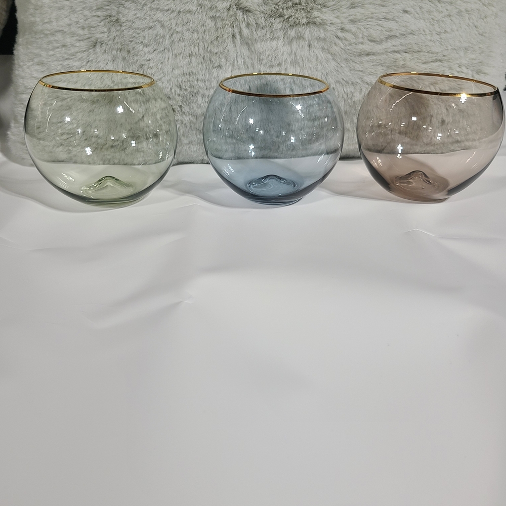 Anthropologie 24k Gold Stemless Wine Glasses, Set Of 4, BLUE